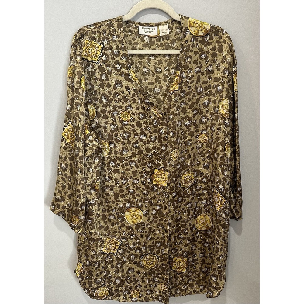 VTG Victoria Secret Gold Label 100% Silk Cheetah Medallion Night Sleep Shirt M/L